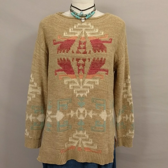 Lauren Ralph Lauren Sweaters - Soft Cotton Linen Blend Knit Sweater Native Neutral Tan & Soft Colors Turquoise